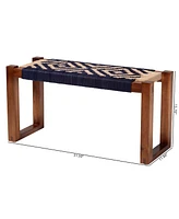 bali & pari Prunella Modern Bohemian Two-Tone Navy Blue and Natural Brown Seagrass and Acacia Wood Accent Bench