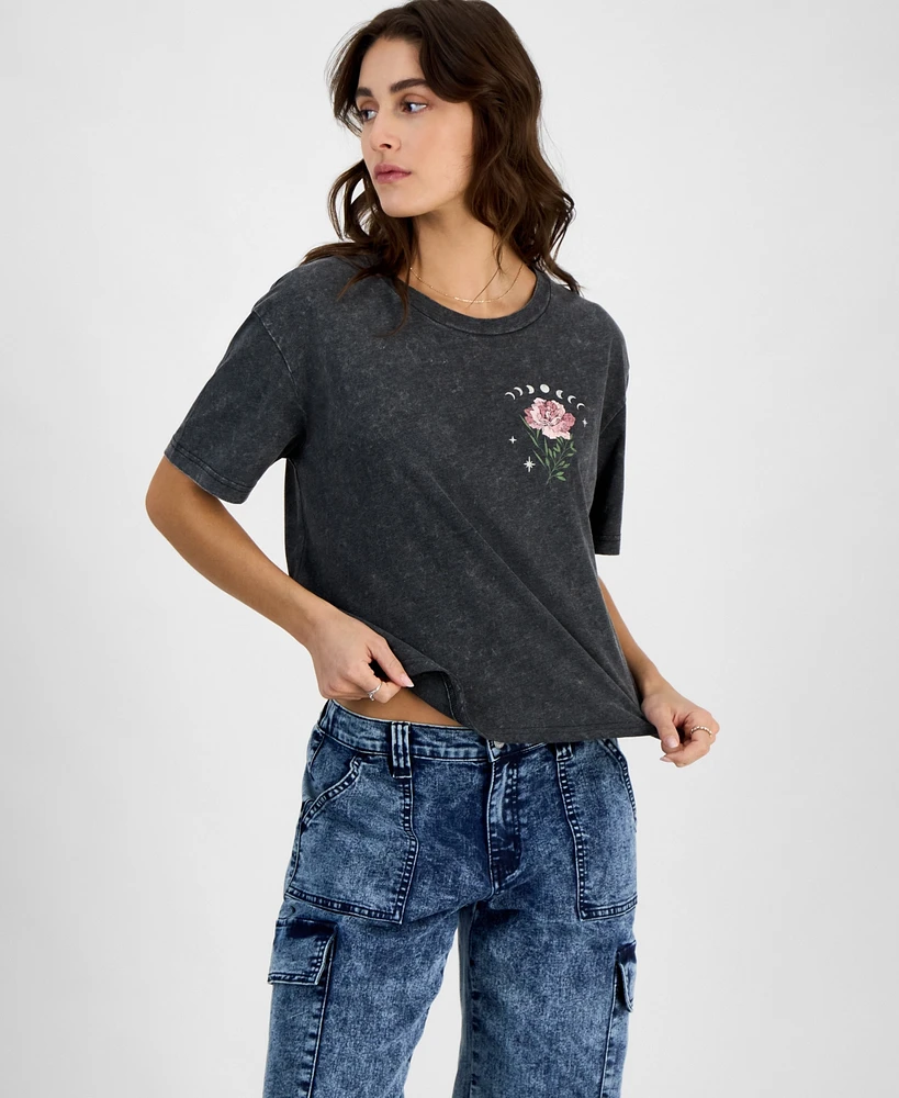 Rebellious One Juniors' Celestial Rose Mineral Wash Graphic T-Shirt