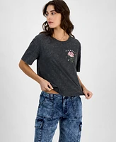 Rebellious One Juniors' Celestial Rose Mineral Wash Graphic T-Shirt