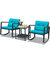 Gymax 3PCS Rattan Rocking Chair Table Set Patio Furniture Set w/ Cushions