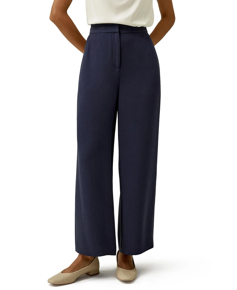 Women's Silk Wide Leg Tailored Pant with Mid Rise