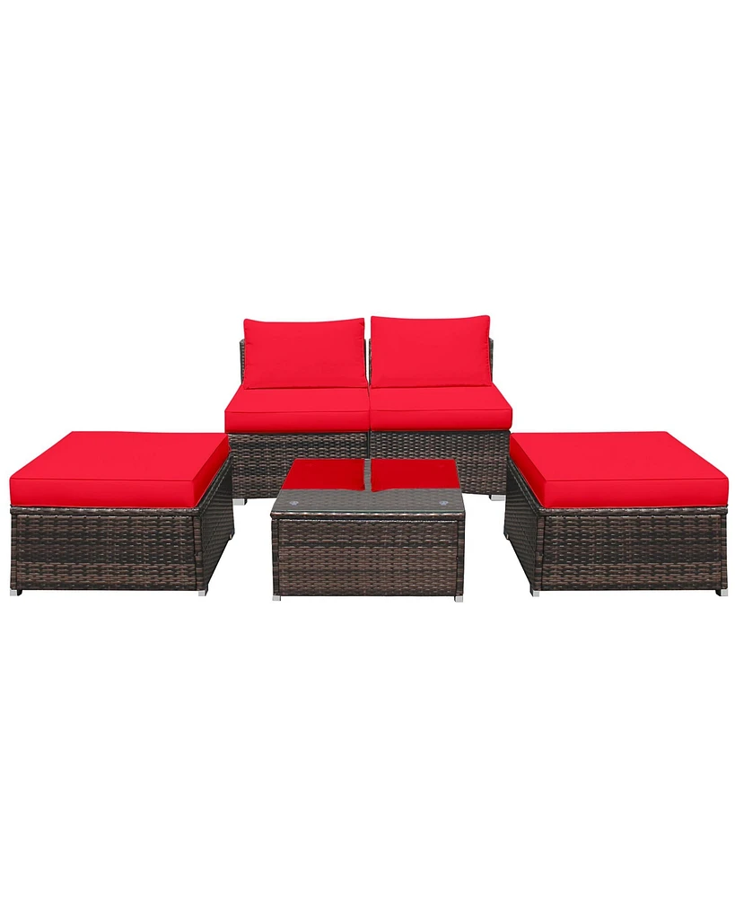 Gymax 5PCS Outdoor Patio Furniture Set w/ Coffee Table Ottoman Cushion