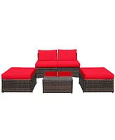 Gymax 5PCS Outdoor Patio Furniture Set w/ Coffee Table Ottoman Cushion