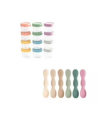 12-Pack Glass Baby Food Storage Jars with Lids, 6-Pack Silicone Self-Feeding Spoons – Bpa-Free, Leakproof, Freezer Safe