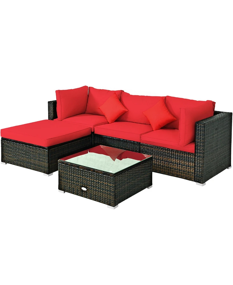 Gymax 5PCS Rattan Sectional Sofa Set Patio Furniture Set w/ Red Cushion Pillow