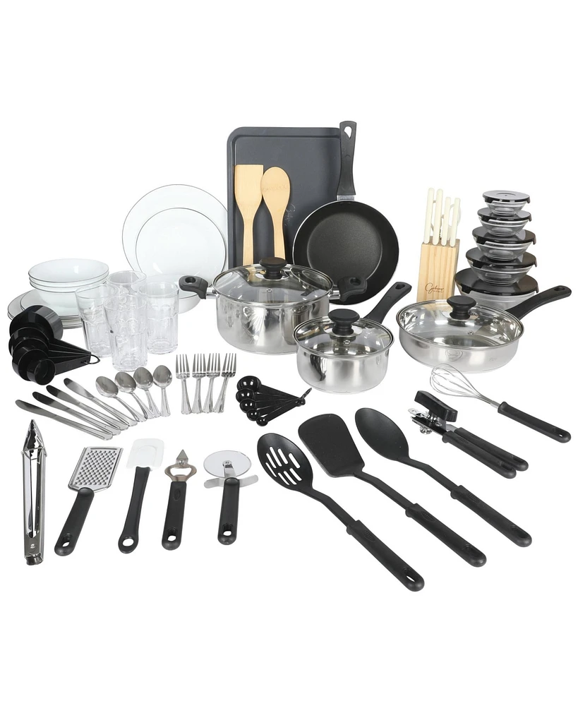 Gibson Home 74 Piece Kitchen Combo Set: Cookware, Dinnerware, Cutlery, Flatware, Tools & Gadgets, storage and Glassware