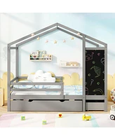 Kids Bed with 2 Drawers Solid Wood Blackboard