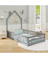Montessori Floor Bed with Lockable Door and Full-Length Guardrail