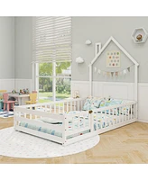 Montessori Floor Bed with Lockable Door and Full-Length Guardrail