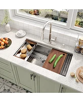 36''x 19'' Kitchen Sink Faucet Sets, Stainless Steel Kitchen Undermount Single Bowl with Cutting Board, Roller Blind, Drain Basket