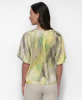 Dkny Women's Printed Puff-Sleeve Keyhole Blouse