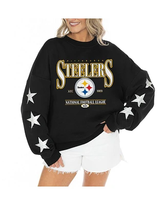 Gameday Couture Women's Black Pittsburgh Steelers Rhinestone Star Sleeve Settle the Score Tri-Blend Pullover