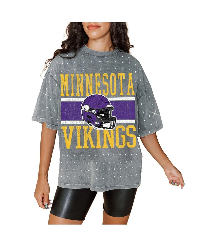 Gameday Couture Women's Gray Minnesota Vikings Oversized Mini Rhinestone Classic T-Shirt