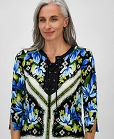 Jm Collection Petite Printed Lace-Up 3/4-Sleeve Top, Exclusively at Macy's