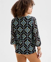 Jm Collection Petite Artisan Medallion-Print Embellished Top, Exclusively at Macy's