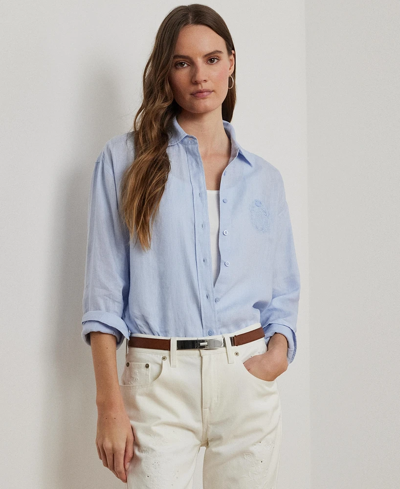 Lauren Ralph Women's Oversize Floral-Logo Linen Shirt