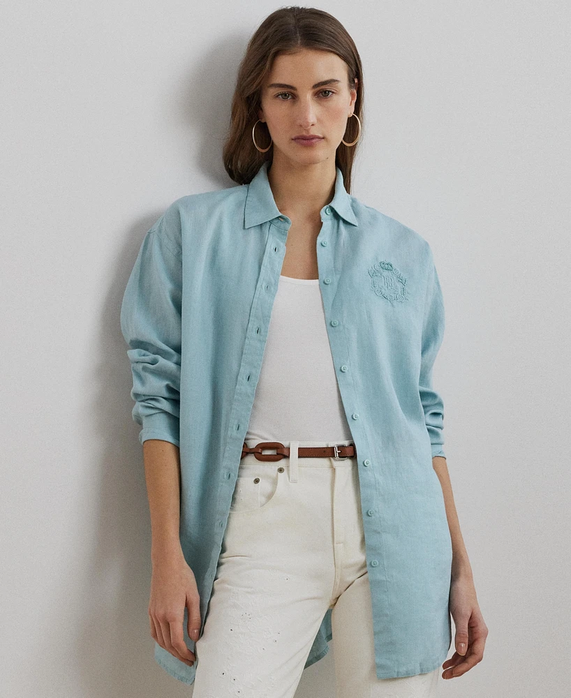 Lauren Ralph Women's Oversize Floral-Logo 100% Linen Shirt
