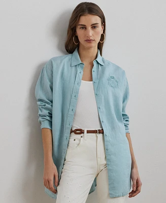 Lauren Ralph Women's Oversize Floral-Logo 100% Linen Shirt