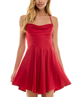 City Studios Juniors' Draped Sleeveless Satin Fit & Flare Dress