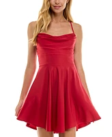 City Studios Juniors' Draped Sleeveless Satin Fit & Flare Dress
