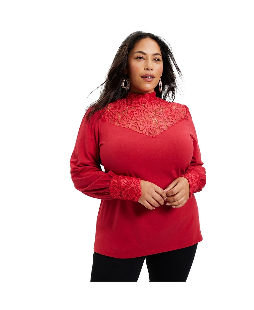 June + Vie Plus Lace Yoke Mockneck Top