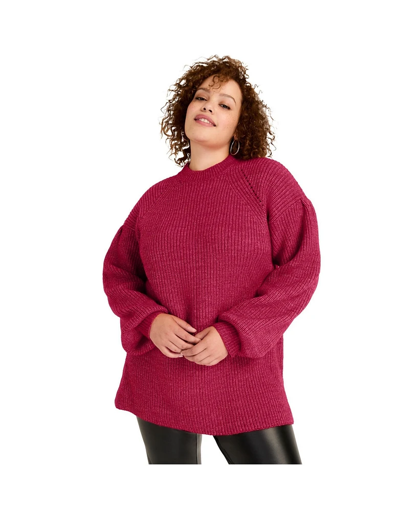 June + Vie Women's Plus Puff-Sleeve Mockneck Sweater