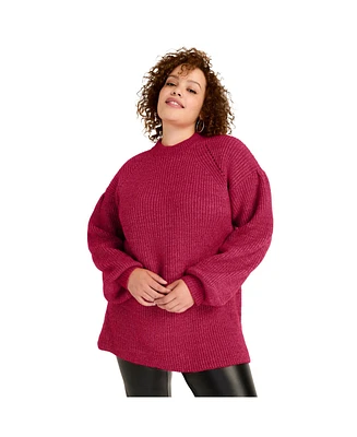 June + Vie Plus Puff-Sleeve Mockneck Sweater