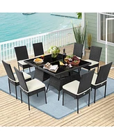 10PCS Patio Rattan Dining Set Cushioned Chair Table with Glass Top Garden Furniture