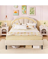 Upholstered Led Bed Frame with Adjustable Flower Headboard Metal Support Feet