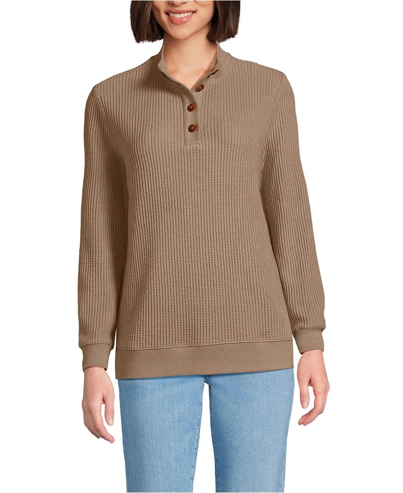 Lands' End Women's Waffle Knit Button Placket Top