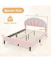 Upholstered Led Bed Frame with Adjustable Flower Headboard and Metal Support Feet