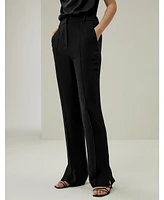 Women's Silk Straight Leg Trousers with Side Slit