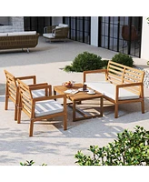Gymax 4 Pcs Wood Patio Furniture Set w/ Soft Seat Cushions Solid Acacia Wood Frame