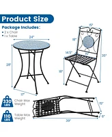 Gymax 3 Pcs Patio Bistro Set Outdoor Patio Furniture Set w/ 1 Mosaic Round Table & 2 Folding Chairs