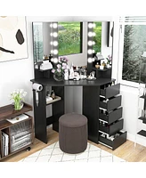 Corner Vanity Desk Cosmetic Vanity Station with Led Mirror,& Power Outlets