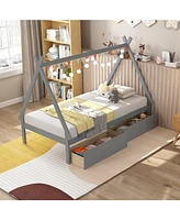 Wooden Tent Platform House Bed with 2 Drawers