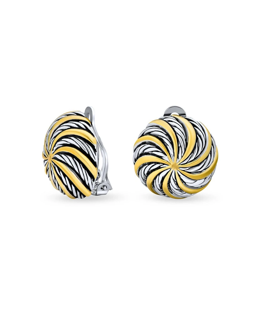 Bling Jewelry Geometric Swirl Clip-On Earrings Two-Tone Round Disc Non-Pierced Ears Black & Gold