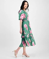 T Tahari Women's Printed V-Neck Fit & Flare Ruffle Dress