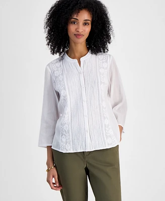 Tommy Hilfiger Women's Embroidered Gauzy Pintucked Cotton Top
