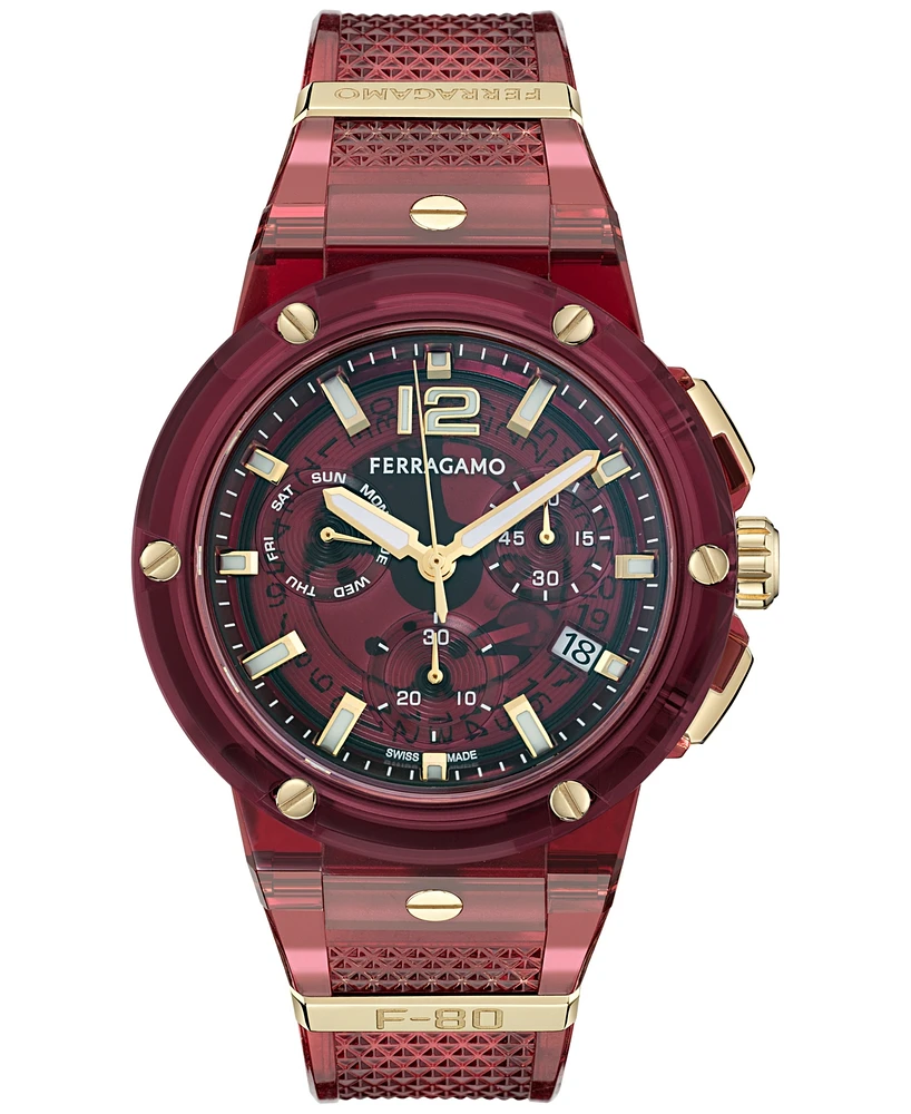 Ferragamo Men's Swiss Chronograph F-80 Translucent Burgundy Polyurethane Strap Watch 44mm