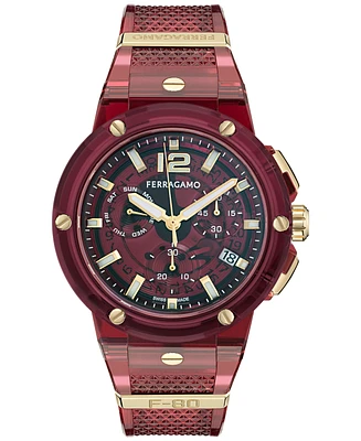 Ferragamo Men's Swiss Chronograph F-80 Translucent Burgundy Polyurethane Strap Watch 44mm