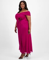 Alex Evenings Plus Rosette-Trim Slit-Front A-Line Dress