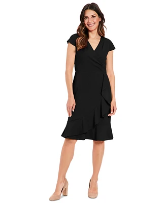 London Times Women's Faux-Wrap Ruffle-Trim Dress