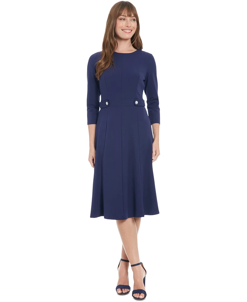 London Times Women's Crewneck 3/4-Sleeve Fit & Flare Dress