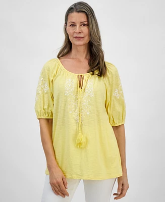 Style & Co Women's Embroidered Split-Neck Tasseled-Tie Top, Regular Petite, Exclusively at Macy's