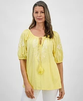 Style & Co Women's Embroidered Split-Neck Tasseled-Tie Top, Regular Petite, Exclusively at Macy's