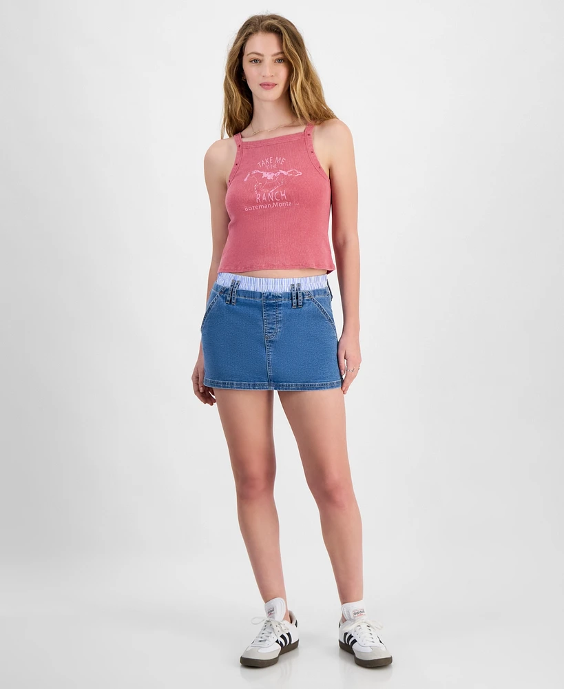 Madden Girl Juniors' Contrast-Waist Denim Skirt