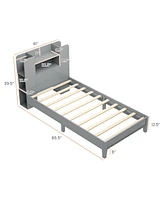 Wooden Platform Bed Frame with Bookcase Headboard