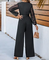 Women's Elegant Sheer-Sleeve Belted Jumpsuit