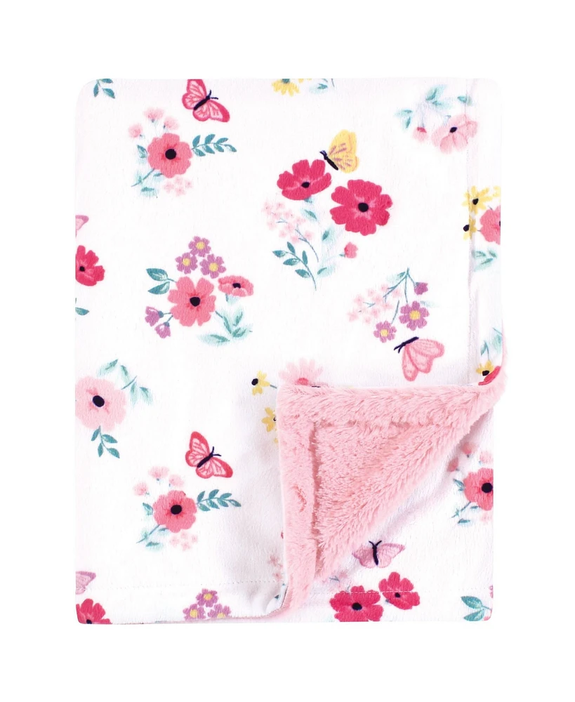 Hudson Baby Girls Plush Blanket with Furry Binding and Back, Butterfly Floral, One Size